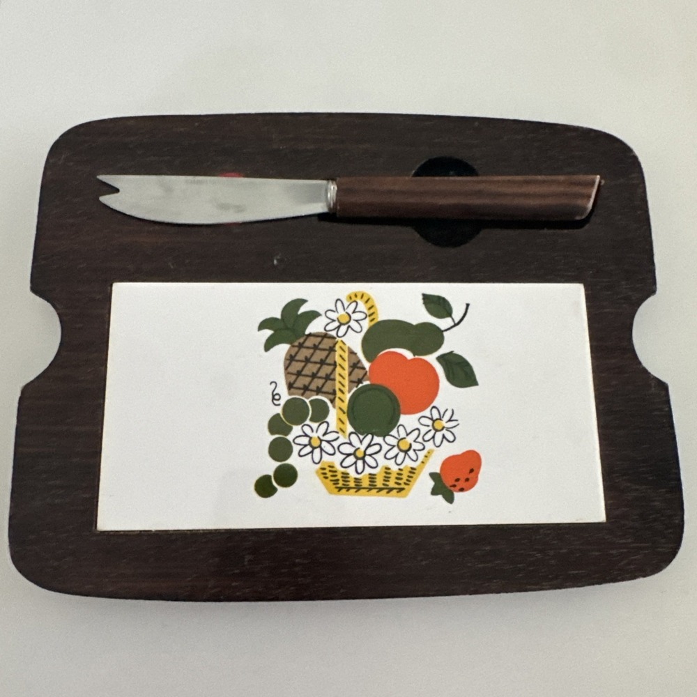 Vintage MCM Wood Cheese Board Ceramic Tile Fruit Basket Japan Stainless Knife
